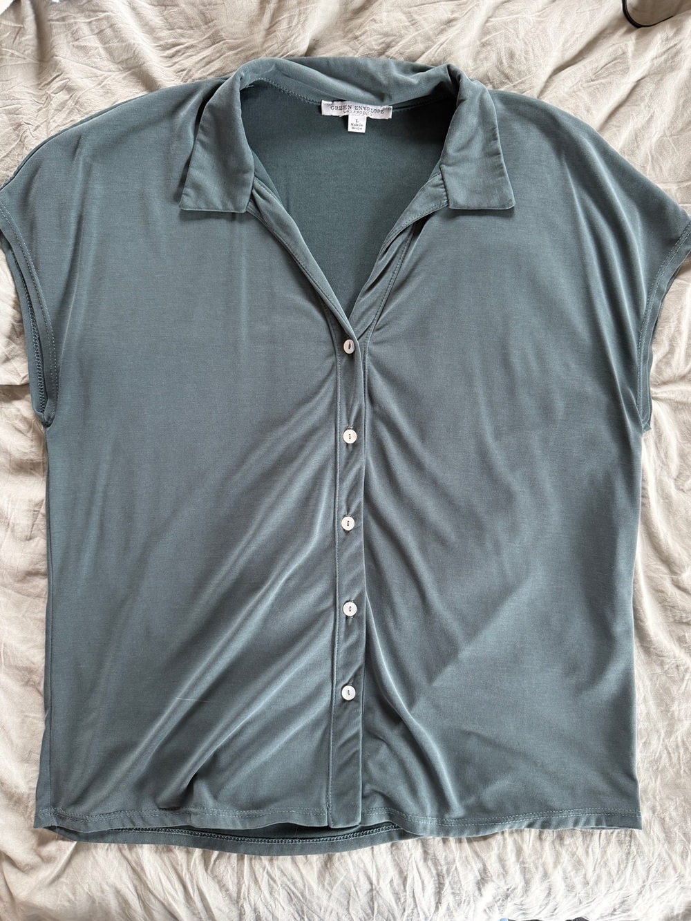Green Envelope Slate-Green Button Front Camp Collar Top